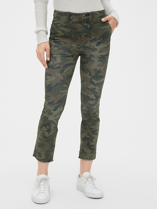 1 of 8 showing, with the color green camo of product Girlfriend Utility Khakis with Raw Hem