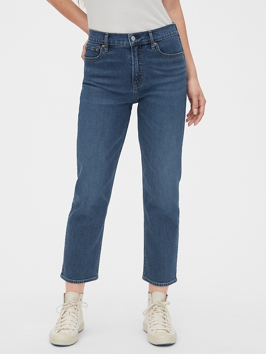 1 of 8 showing, with the color dark indigo of product High Rise Cheeky Straight Jeans with Secret Smoothing Pockets