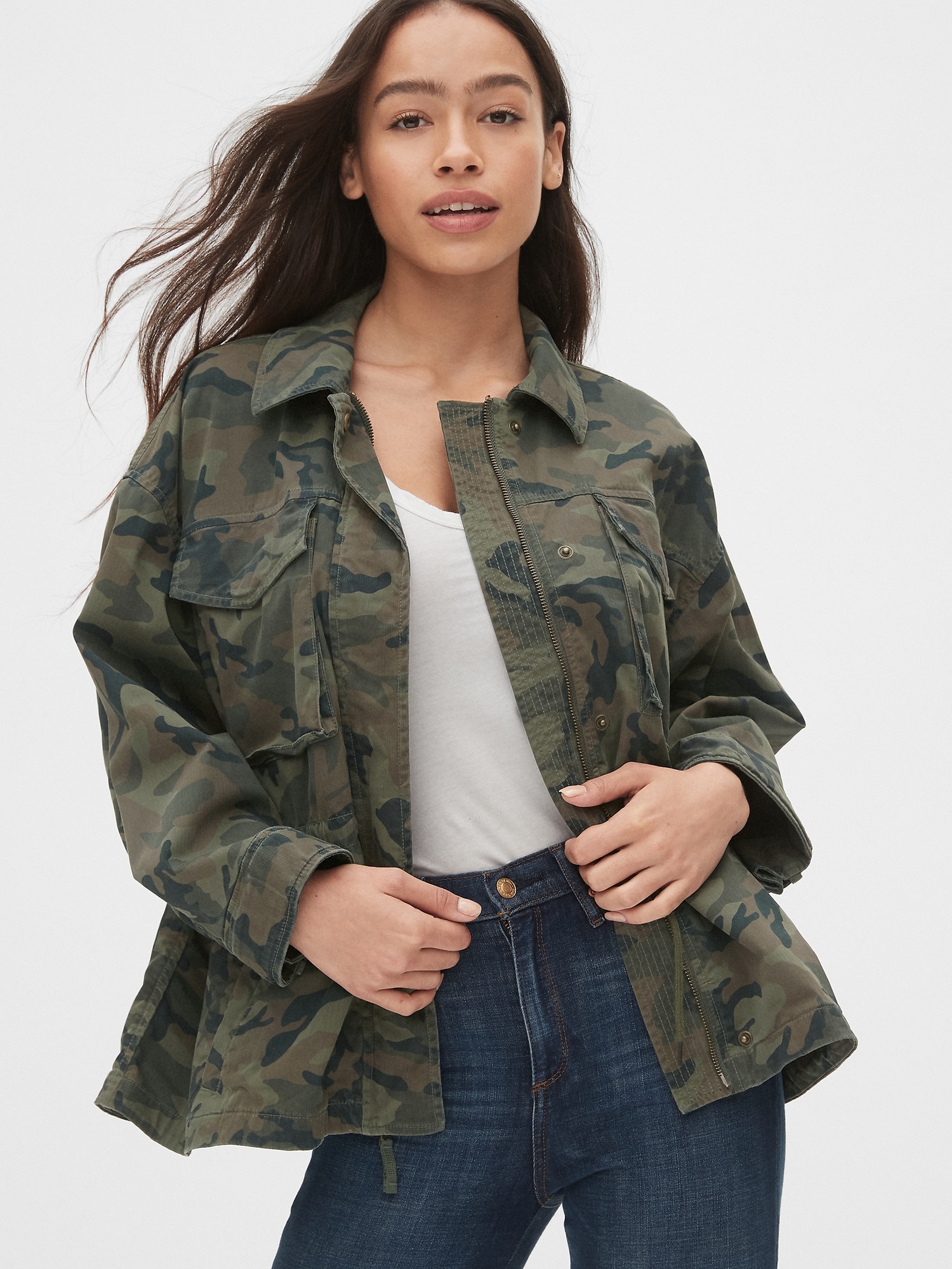 Oversized Camo Print Utility Jacket