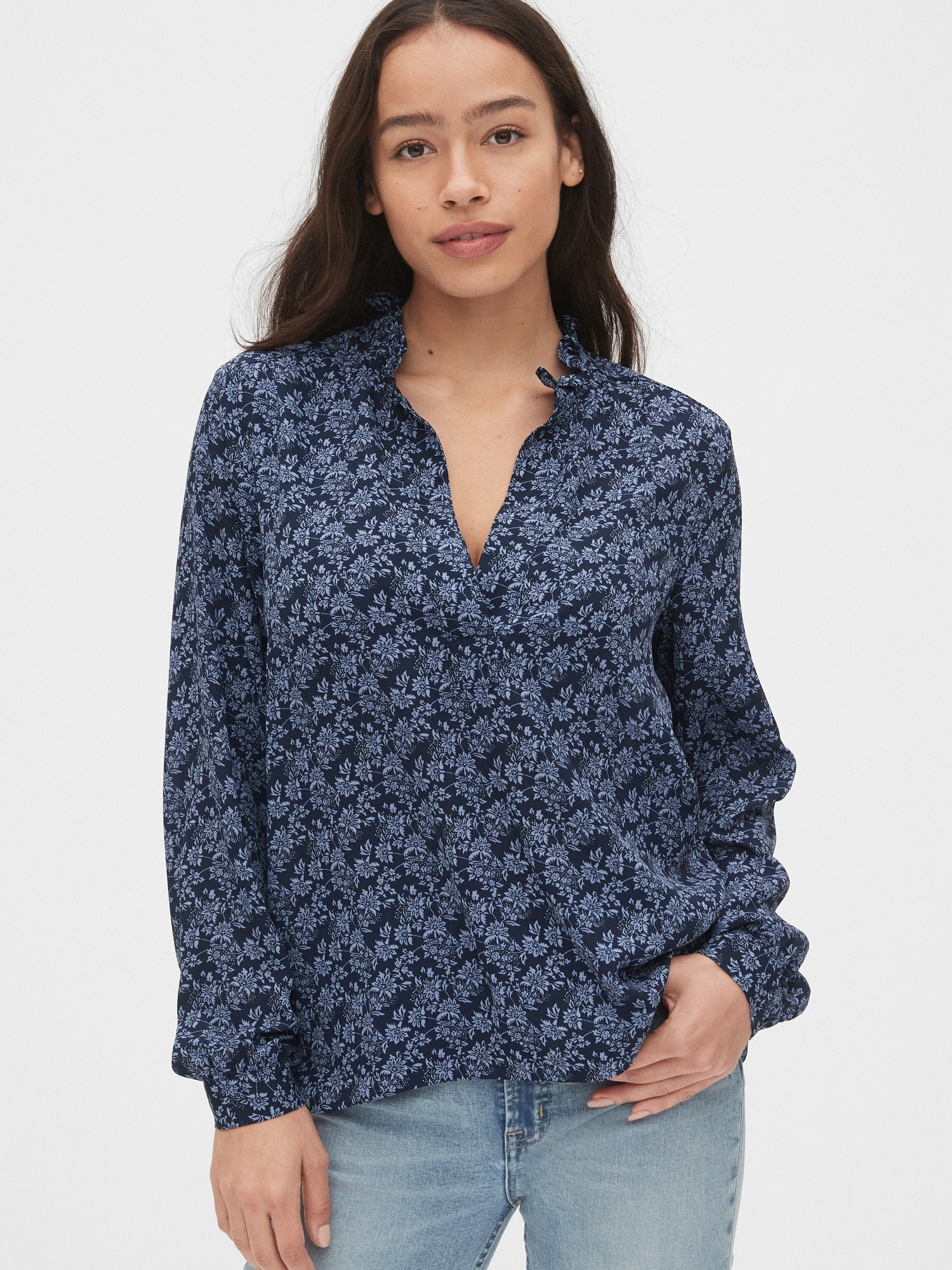 Print Ruffle Collar Split-Neck Blouse | Gap