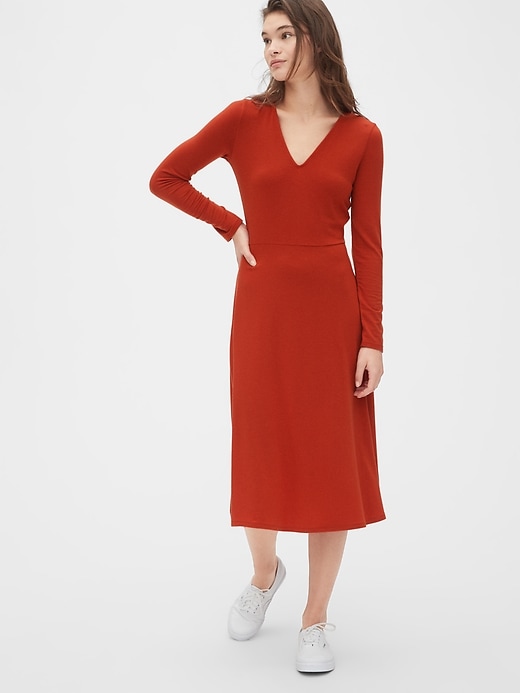 View large product image 1 of 1. Fit and Flare Knit V-Neck Midi Dress