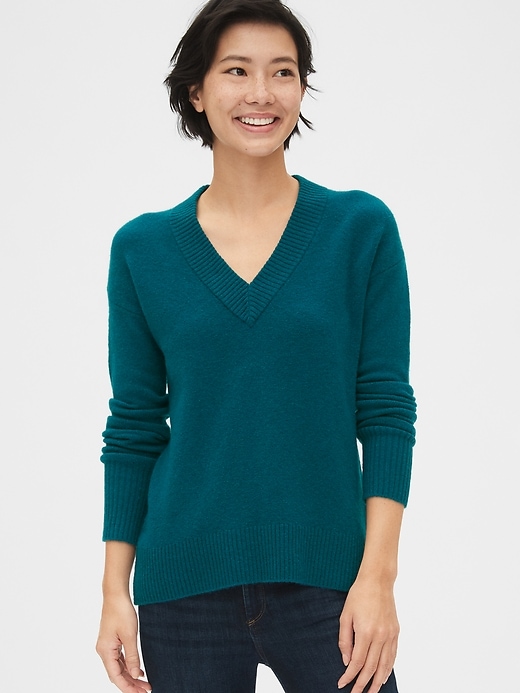 1 of 8 showing, with the color teal blue of product Boucle V-Neck Sweater