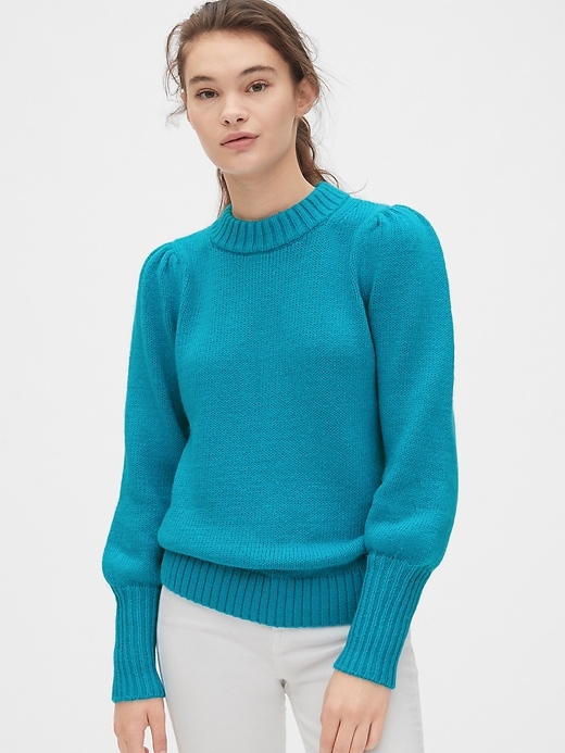 1 of 8 showing, with the color caneel bay blue of product Puff Sleeve Crewneck Sweater