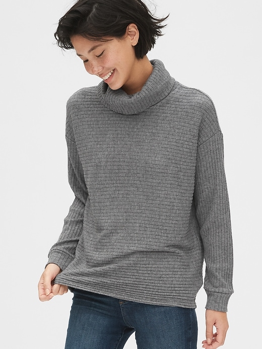 Ribbed Funnel-Neck Pullover Sweater