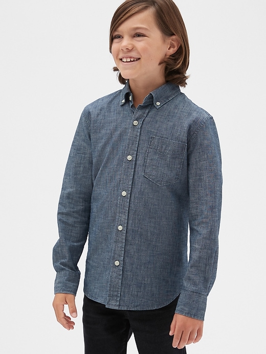 2 of 8 showing, with the color indigo chambray of product Kids Chambray Shirt
