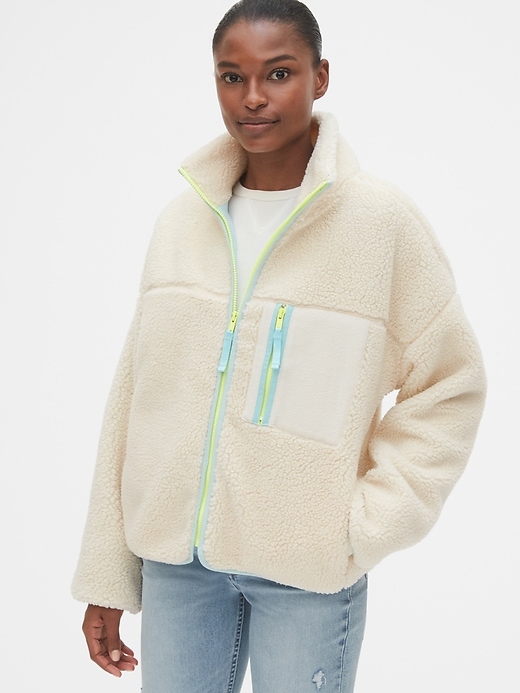 1 of 8 showing, with the color off white of product Sherpa Full-Zip Jacket