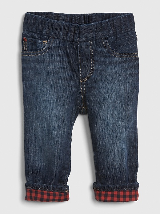 1 of 8 showing, with the color dark wash indigo of product Baby Flannel-Lined Straight Jeans