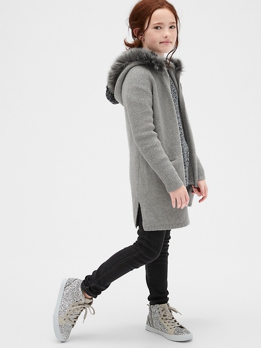 2 of 8 showing, with the color grey heather of product Kids Faux-Fur Long Hoodie Sweater
