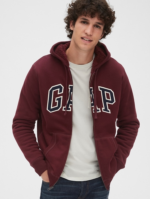 1 of 8 showing, with the color pinot noir red of product Gap Logo Sherpa-Lined Full-Zip Hoodie