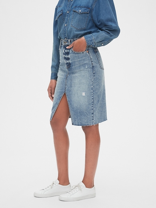 1 of 8 showing, with the color medium wash of product High Rise Denim Pencil Skirt