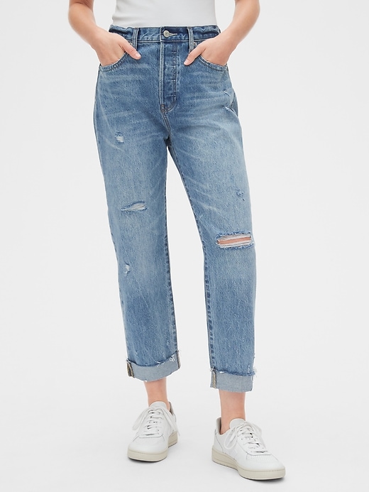 1 of 8 showing, with the color medium destroy of product Mid Rise Distressed Boyfriend Jeans