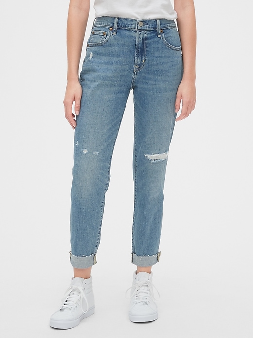1 of 8 showing, with the color medium destroy of product Mid Rise Rip & Repair Girlfriend Jeans