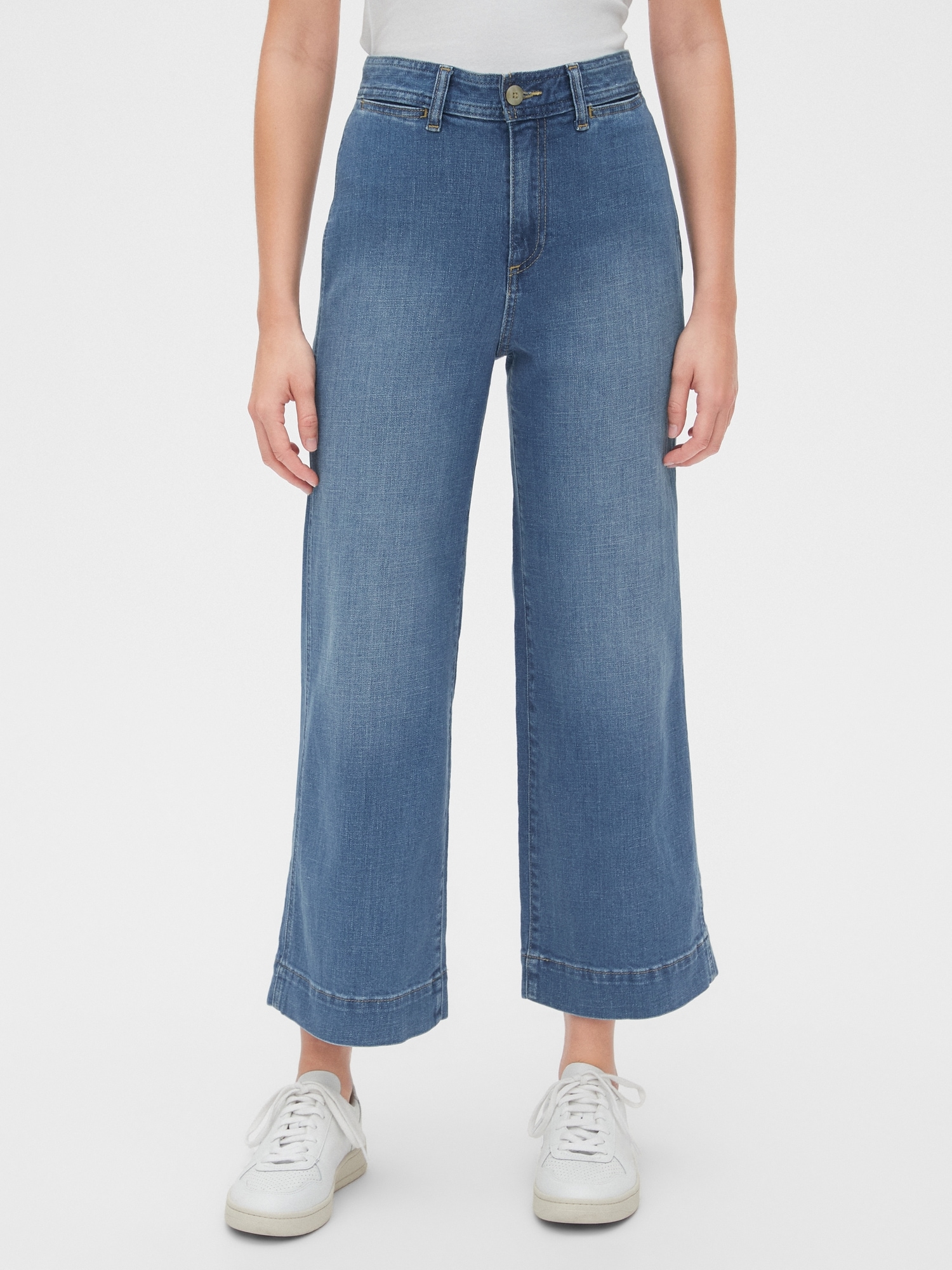 Free People Womens Cropped Mid-Rise Wide Leg Jeans