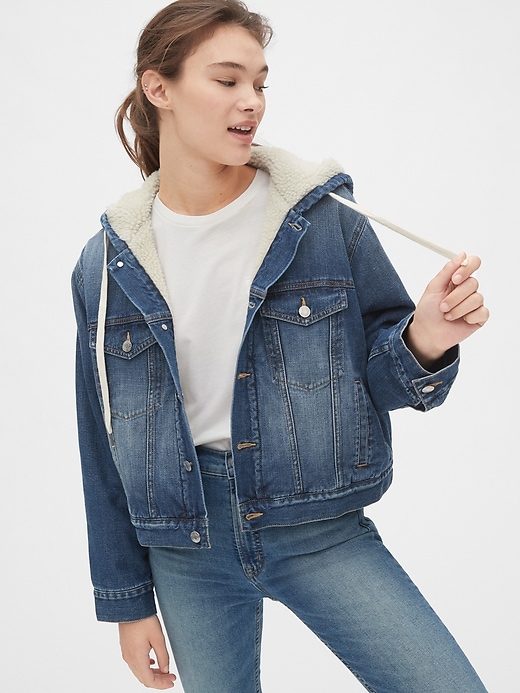 Image number 1 showing, Sherpa-Lined Crop Denim Hoodie Jacket