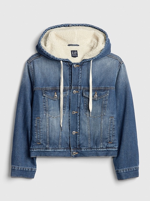 Image number 6 showing, Sherpa-Lined Crop Denim Hoodie Jacket