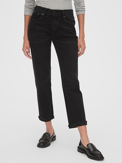 1 of 8 showing, with the color washed black of product Mid Rise Girlfriend Jeans with Raw Hem
