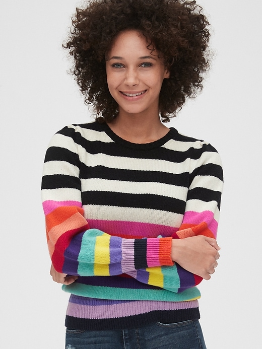Image number 1 showing, Wool-Blend Crazy Stripe Puff Sleeve Sweater