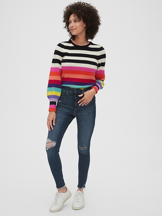 Image number 3 showing, Wool-Blend Crazy Stripe Puff Sleeve Sweater