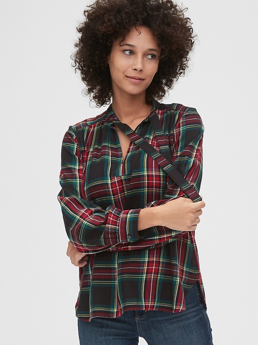 Image number 1 showing, Plaid Tie-Neck Blouse