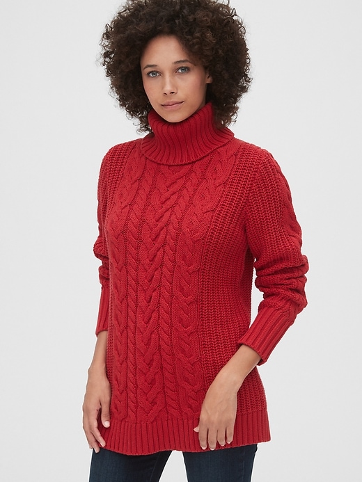Image number 1 showing, Cable-Knit Turtleneck Tunic Sweater