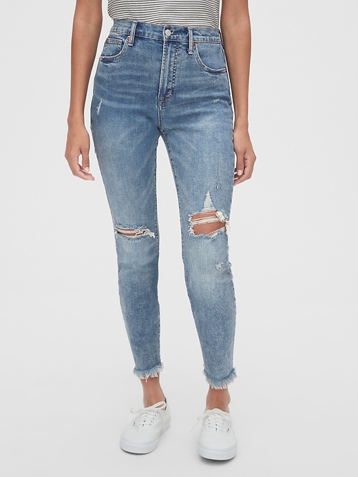 Image number 1 showing, High Rise Destructed True Skinny Ankle Jeans with Secret Smoothing Pockets