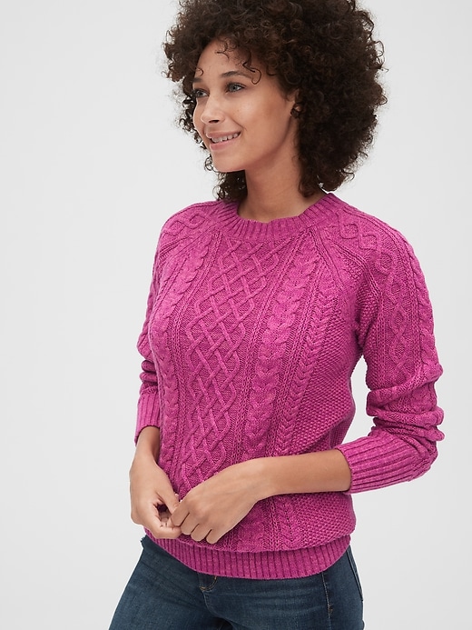 1 of 8 showing, with the color hot pink of product Cable-Knit Crewneck Sweater