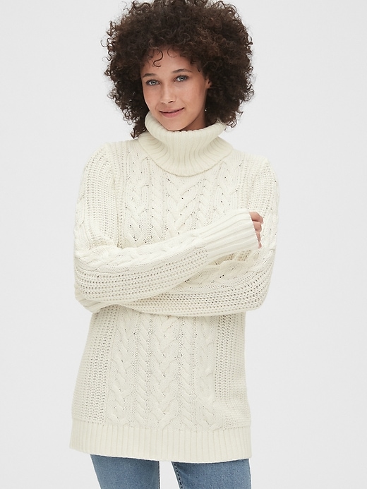 Image number 8 showing, Cable-Knit Turtleneck Tunic Sweater