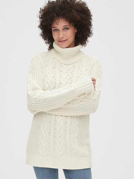 1 of 8 showing, with the color milk white of product Cable-Knit Turtleneck Tunic Sweater