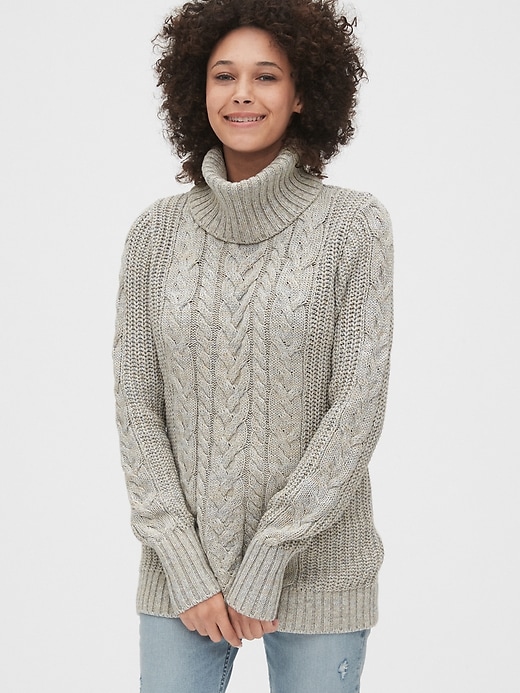 Image number 7 showing, Cable-Knit Turtleneck Tunic Sweater