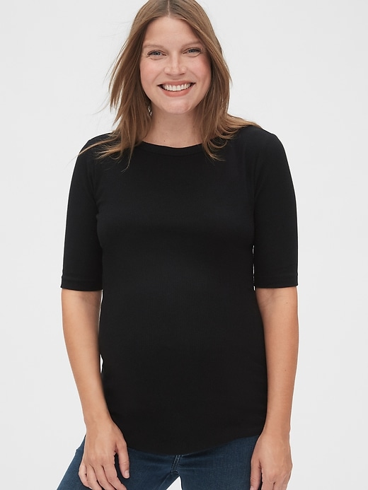 1 of 8 showing, with the color true black of product Maternity Flat Back Rib Elbow Sleeve T-Shirt