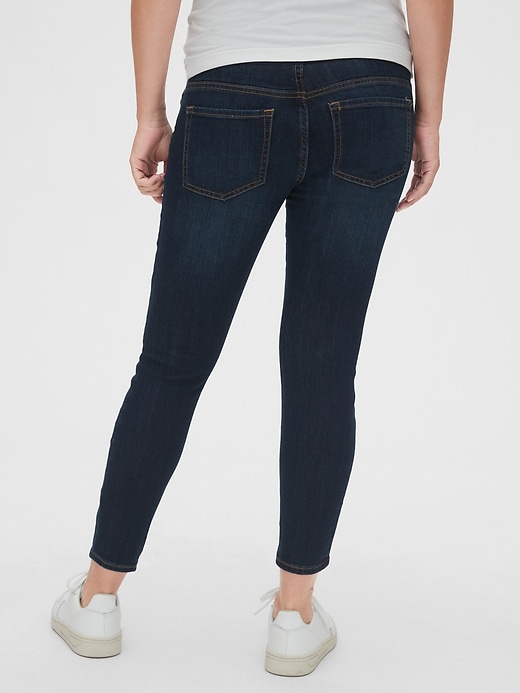 2 of 8 showing, with the color dark wash of product Maternity Full Panel Distressed Favorite Jeggings