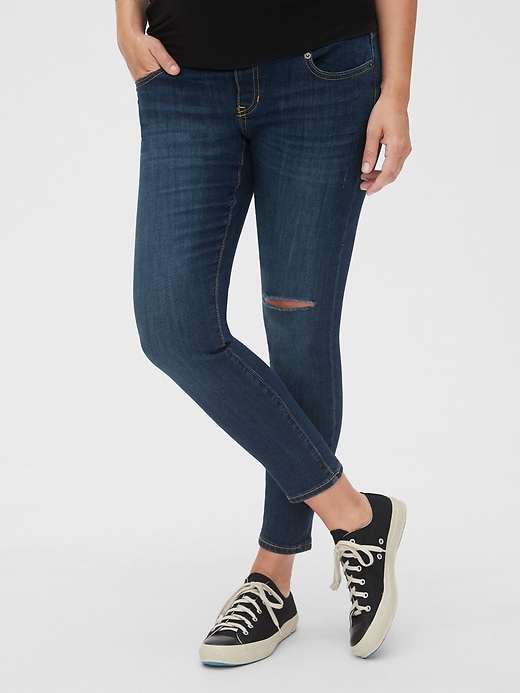 1 of 8 showing, with the color dark wash of product Maternity Demi Panel Distressed Favorite Jeggings