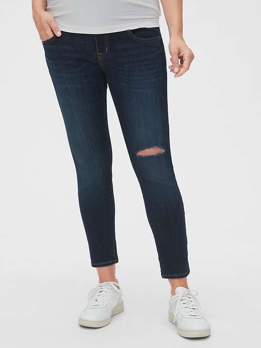 1 of 8 showing, with the color dark wash of product Maternity Full Panel Distressed Favorite Jeggings