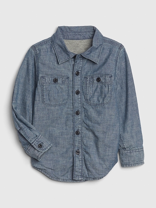 1 of 8 showing, with the color chambray of product Toddler Jersey-Lined Chambray Shirt