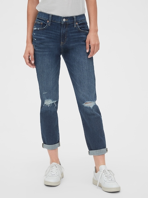 1 of 8 showing, with the color tinted medium destroy of product Mid Rise Distressed Girlfriend Jeans