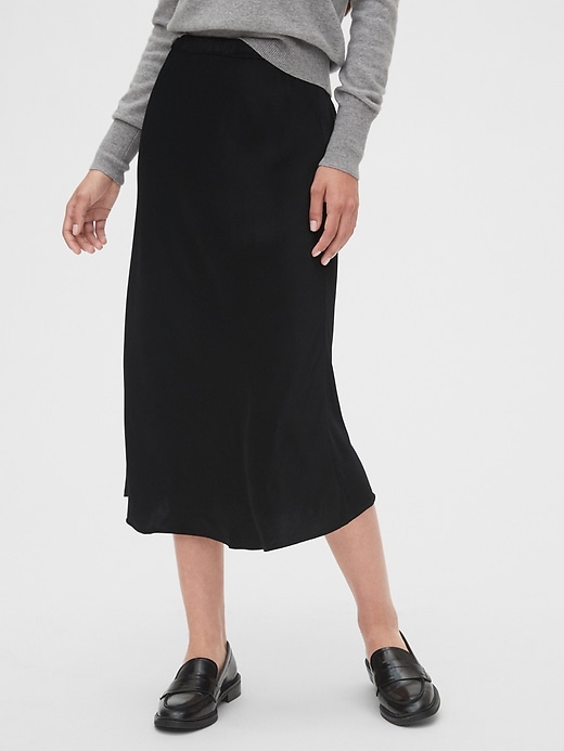1 of 8 showing, with the color true black of product Satin Midi Skirt