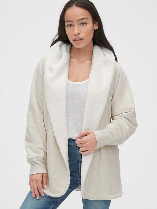 View large product image 1 of 1. Sherpa-Lined Open-Front Hoodie in French Terry