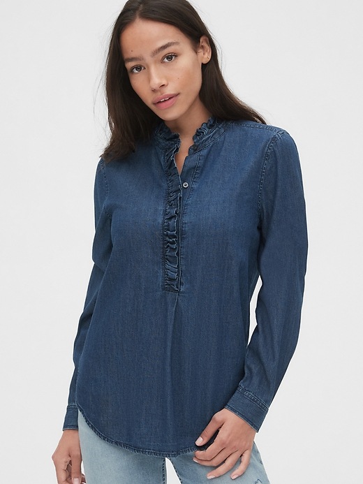 1 of 8 showing, with the color dark indigo of product Denim Ruffle-Trim Popover Shirt