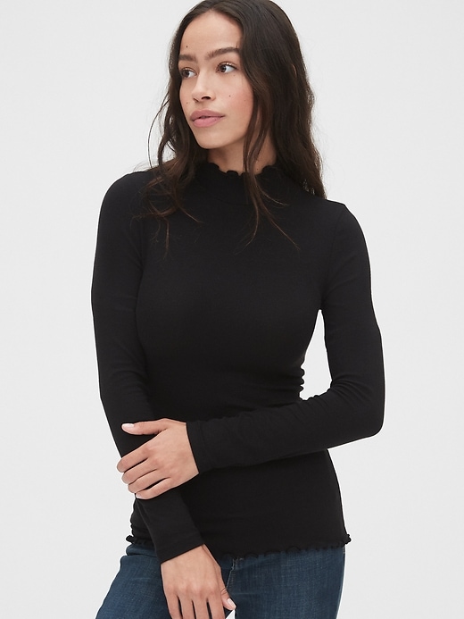 View large product image 1 of 1. Lettuce-Edge Ribbed Mockneck Top