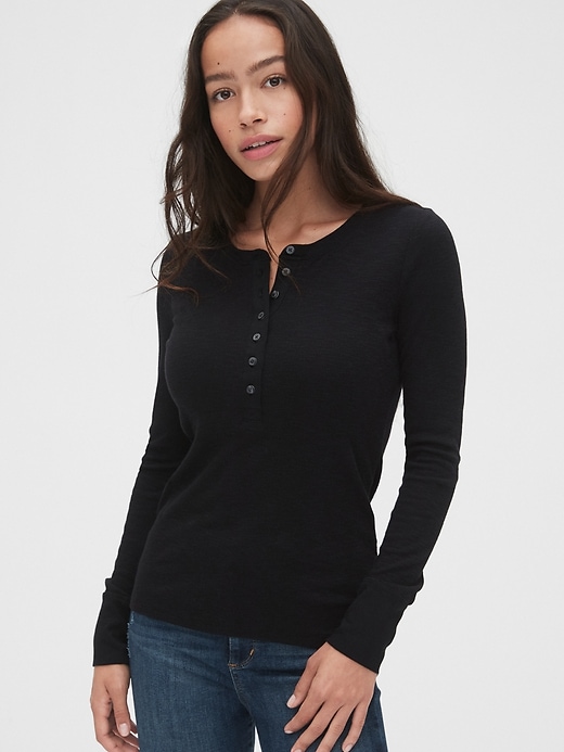 1 of 8 showing, with the color true black of product Soft Slub Ribbed Henley