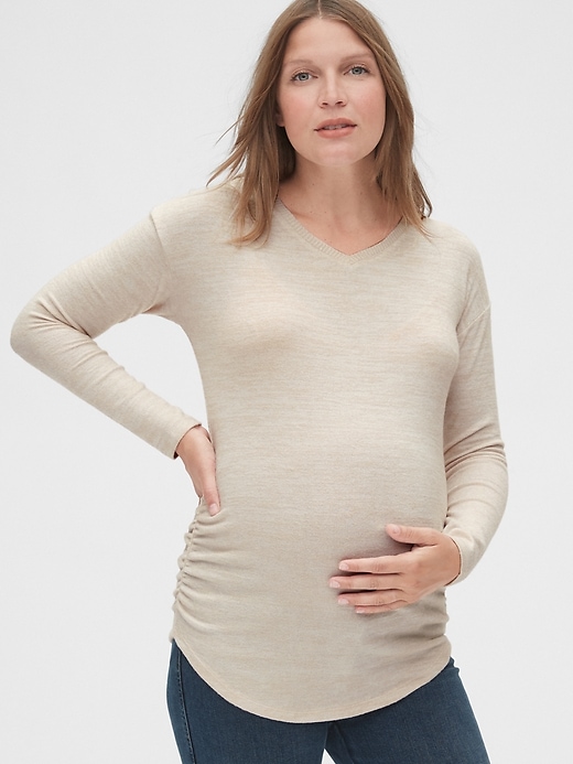 1 of 8 showing, with the color off-white oyster  of product Maternity Softspun Long Sleeve V-Neck T-Shirt