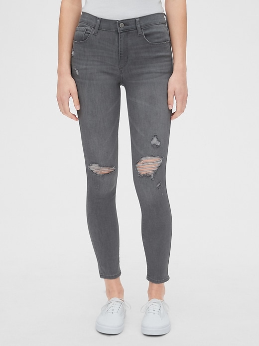 1 of 8 showing, with the color grey destroy of product Mid Rise Distressed Favorite Jeggings