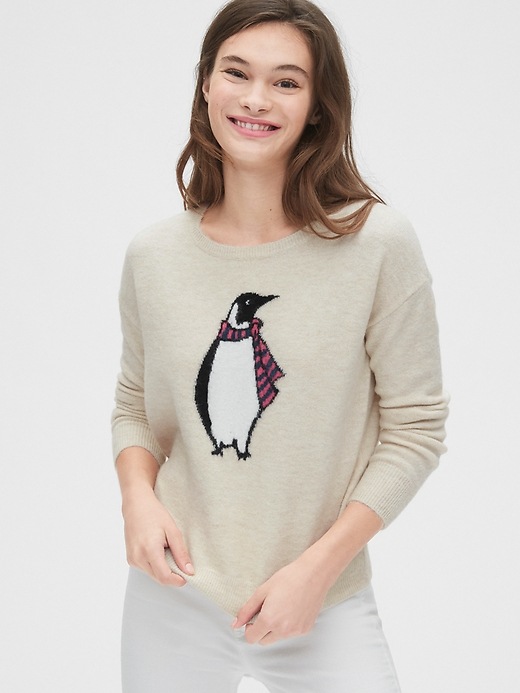 View large product image 1 of 1. Fuzzy Intarsia Graphic Crewneck Sweater