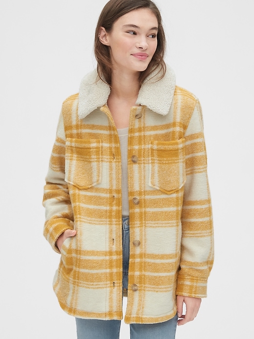 Image number 1 showing, Plaid Wool-Blend Shirt Jacket with Detachable Sherpa Collar