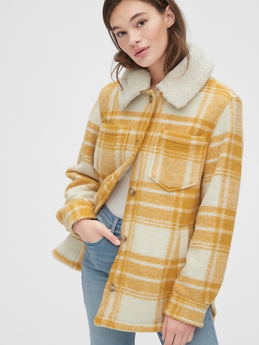 Image number 5 showing, Plaid Wool-Blend Shirt Jacket with Detachable Sherpa Collar