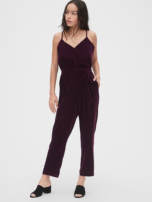 1 of 8 showing, with the color vamp red of product Velvet Cami Wrap-Front Jumpsuit
