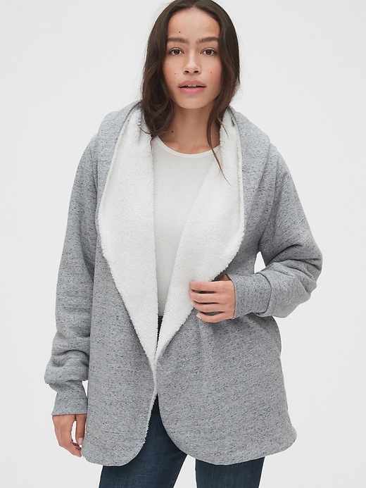 Image number 1 showing, Sherpa-Lined Open-Front Hoodie in French Terry