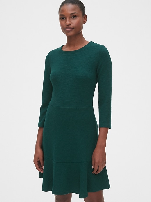 1 of 8 showing, with the color tropic green of product Textured Fit and Flare Flutter Dress