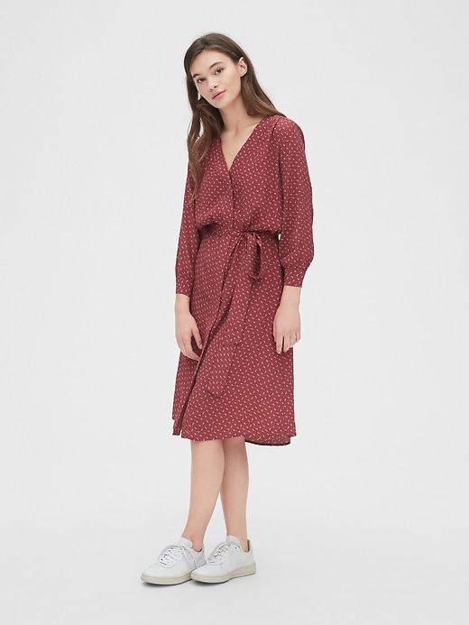 1 of 8 showing, with the color red floral print of product V-Neck Midi Shirtdress