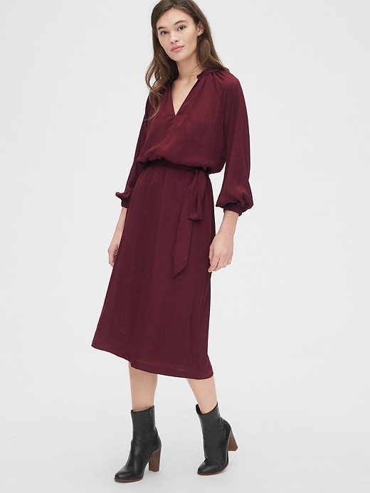 1 of 8 showing, with the color bell burgundy of product Split-Neck Midi Dress